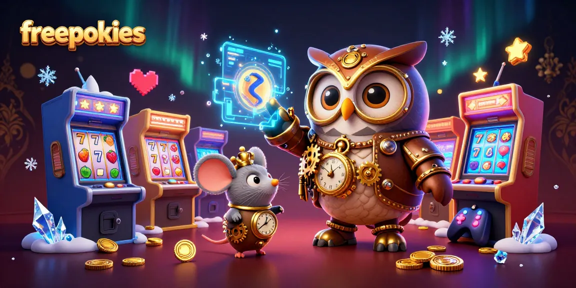 Engage with exciting freepokies as a time-traveler owl explores a vibrant casino scene.