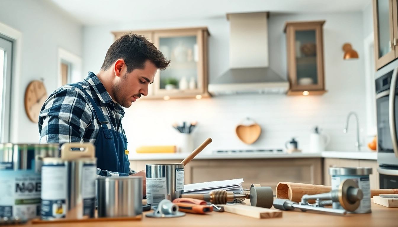 Home improvement project in a modern kitchen with tools, creating an inviting atmosphere.