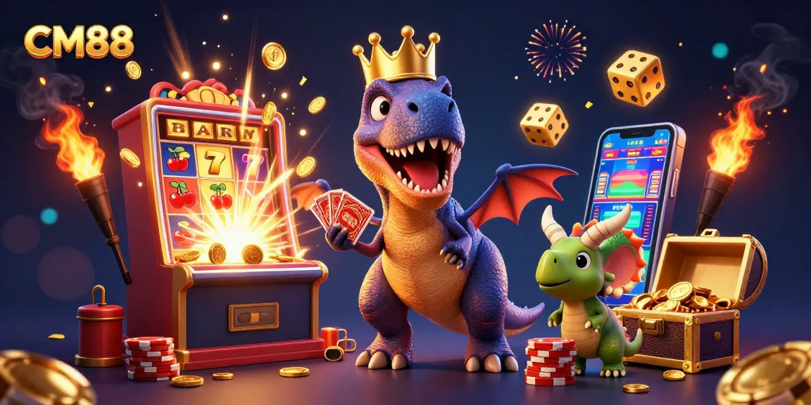 Experience CM88's vibrant casino world with a cartoon T-Rex and friends enjoying epic jackpot thrills!