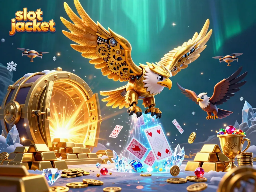 Experience the enchanting slot jackpot scene with a golden eagle amidst holographic cards and treasures.