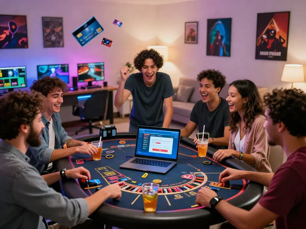 Friends enjoying a gaming night at a credit card casino with vibrant screens and excitement.