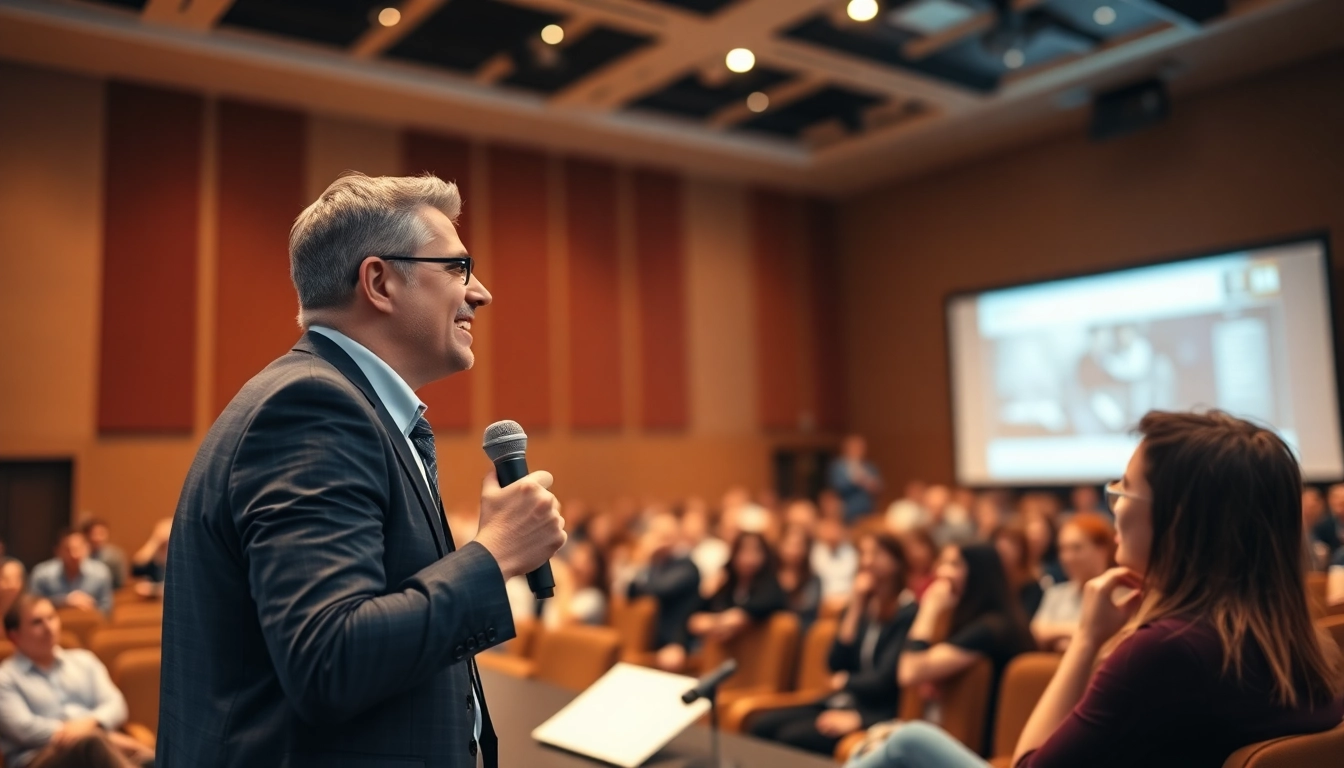 Engaging presentation during Public Speaking Training with enthusiastic audience interaction.