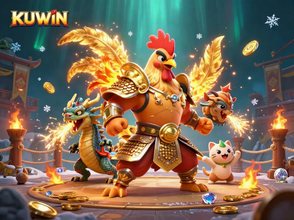 Engage with the thrilling world of KUWIN casino featuring a fiery warrior, dragon, and festive elements.