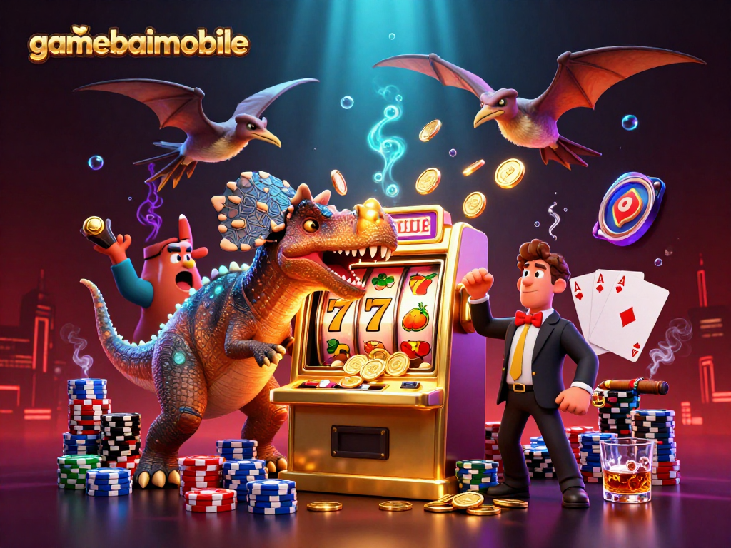 gamebaimobile showcases a dynamic casino scene with a pachycephalosaurus at a jackpot slot machine