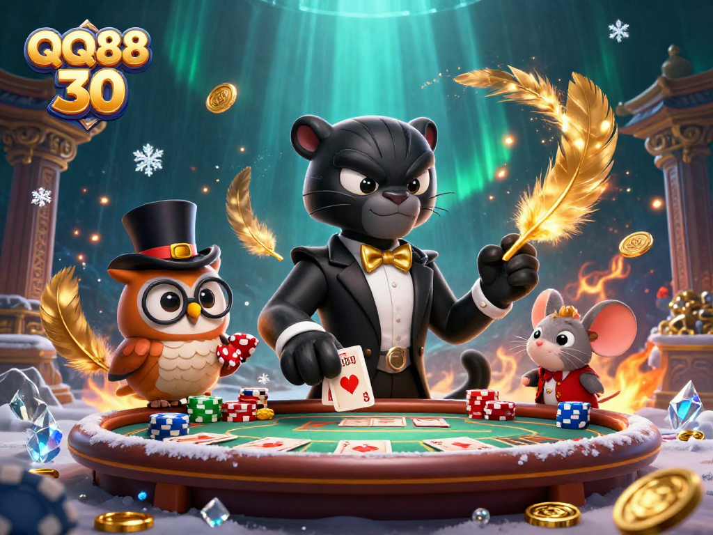 Experience the thrill of QQ88 30 as a stylish panther deals cards at a vibrant poker table.