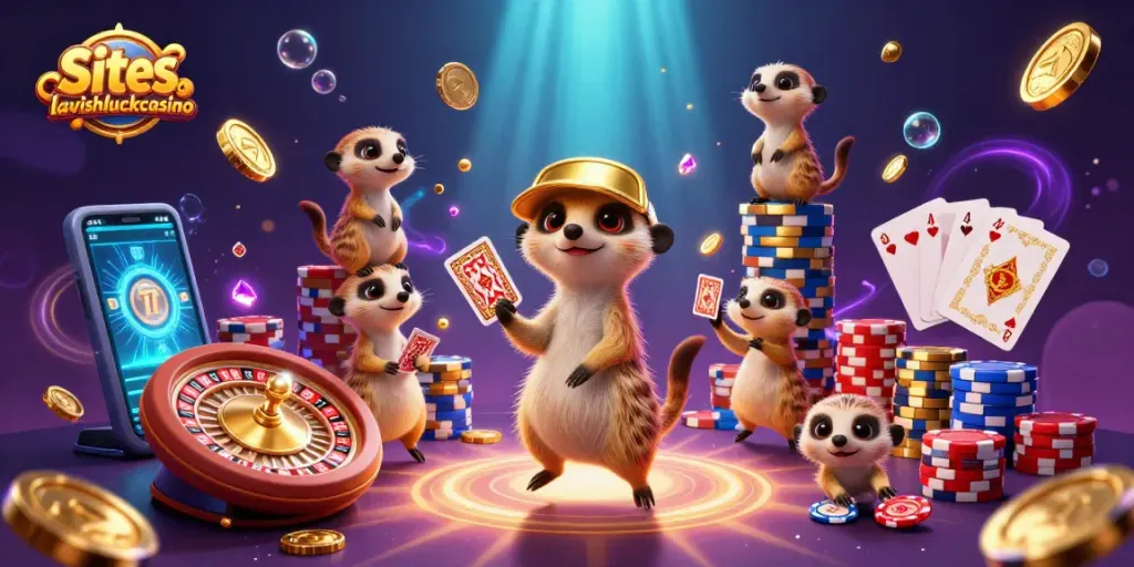 Experience excitement at siteslikelavishluckcasino with lively meerkats in an elaborate cartoon casino scene.