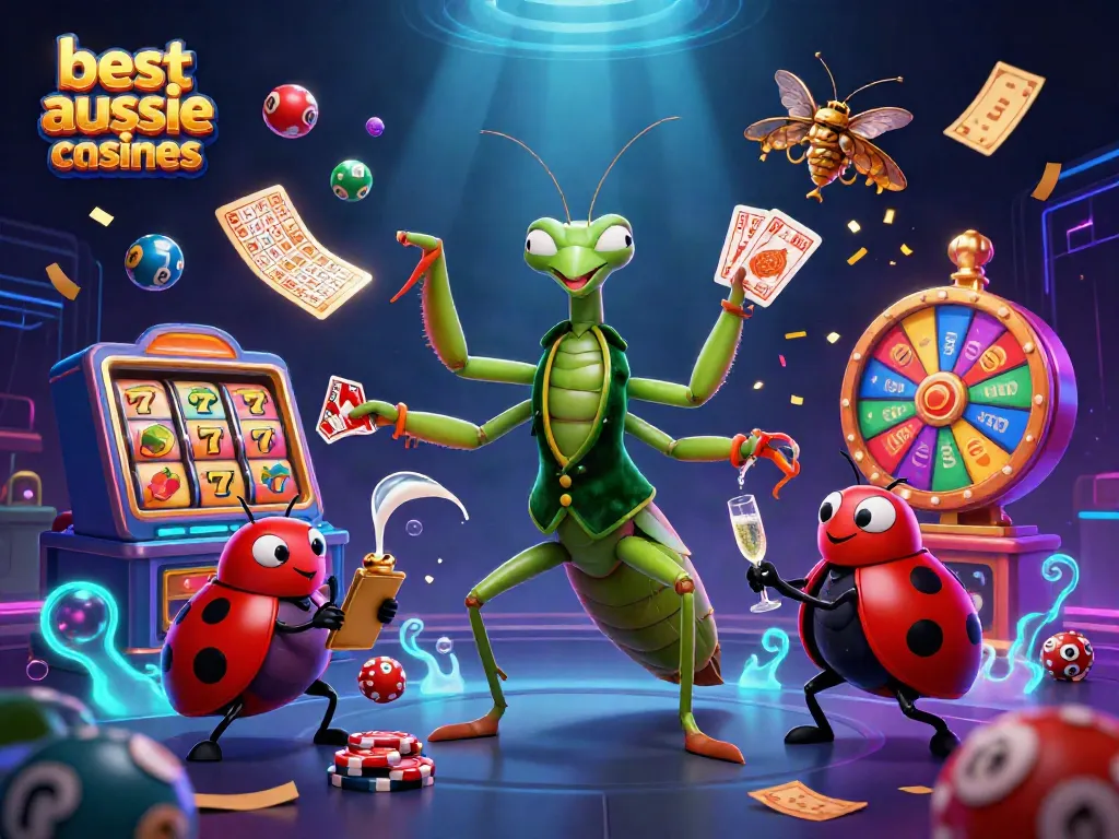 Engaging illustration of the best aussie online casinos featuring dynamic casino elements, vibrant characters, and winning symbols.