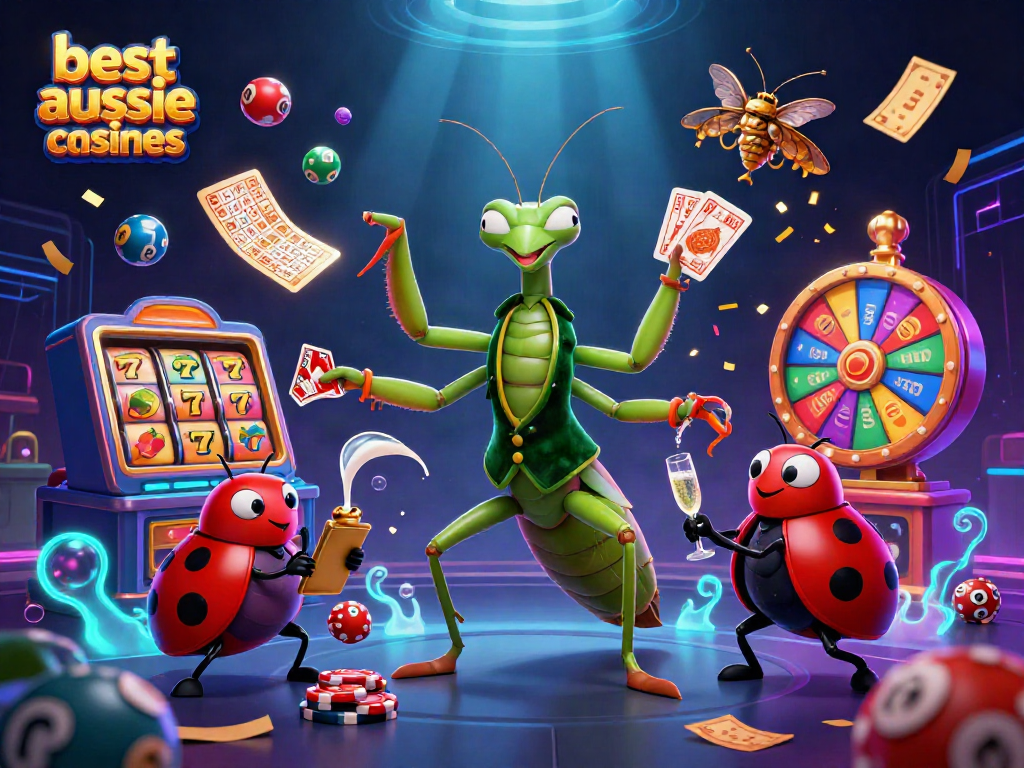 Engaging illustration of the best aussie online casinos featuring dynamic casino elements, vibrant characters, and winning symbols.