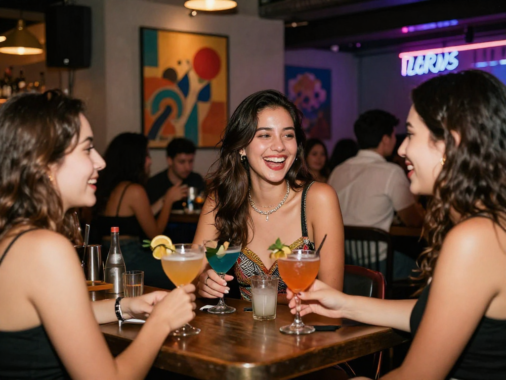 Gái gọi trong không gian quán bar hiện đại, cùng bạn bè cười đùa và thưởng thức cocktail.