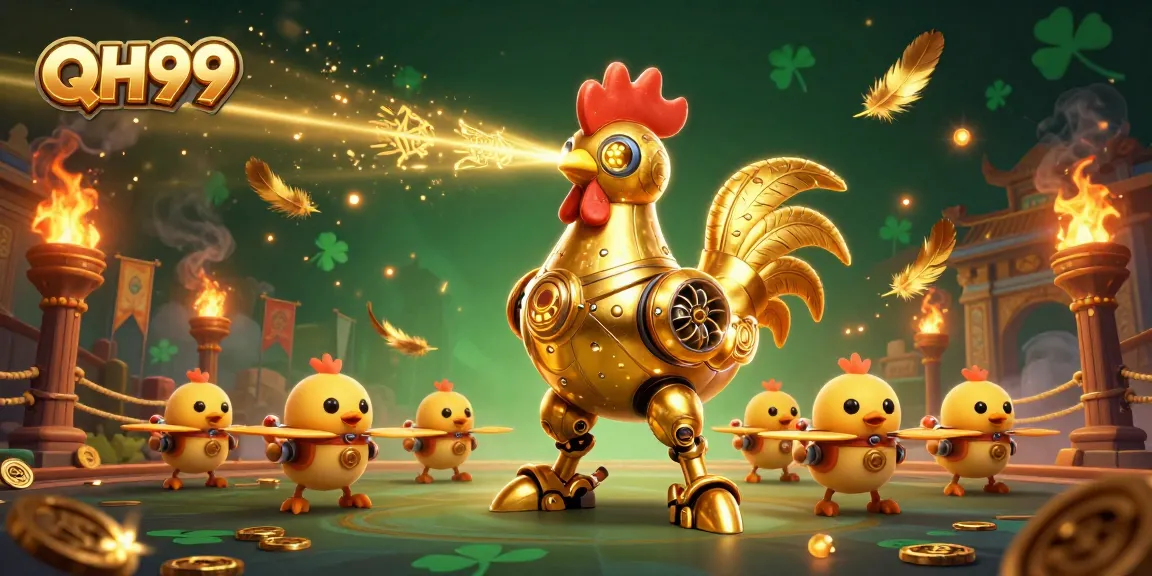 Engage in QH99 action with a golden rooster robot and chick drones in a vibrant casino scene.