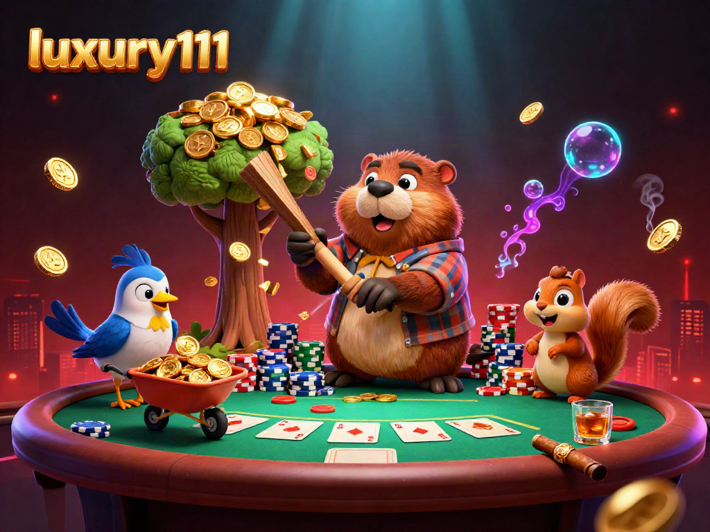 Gather coins with luxury111 in this vibrant 3D casino illustration showing a beaver and friends.