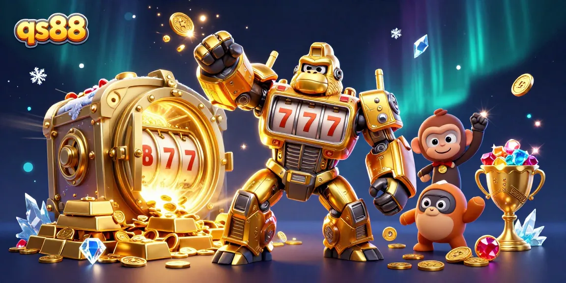 Experience exciting wins at qs88 with dynamic golden gorilla mech and scattered jewels in a vibrant casino setting.