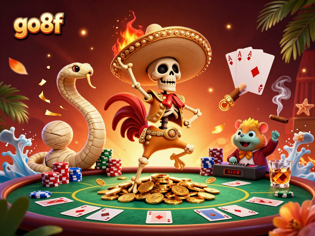 Experience vibrant gaming action at go8f with festive characters surrounded by casino elements.