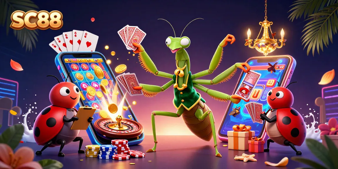 Enjoy SC88's thrilling games with a giant mantis dealer and ladybug pit boss in a vibrant casino scene.