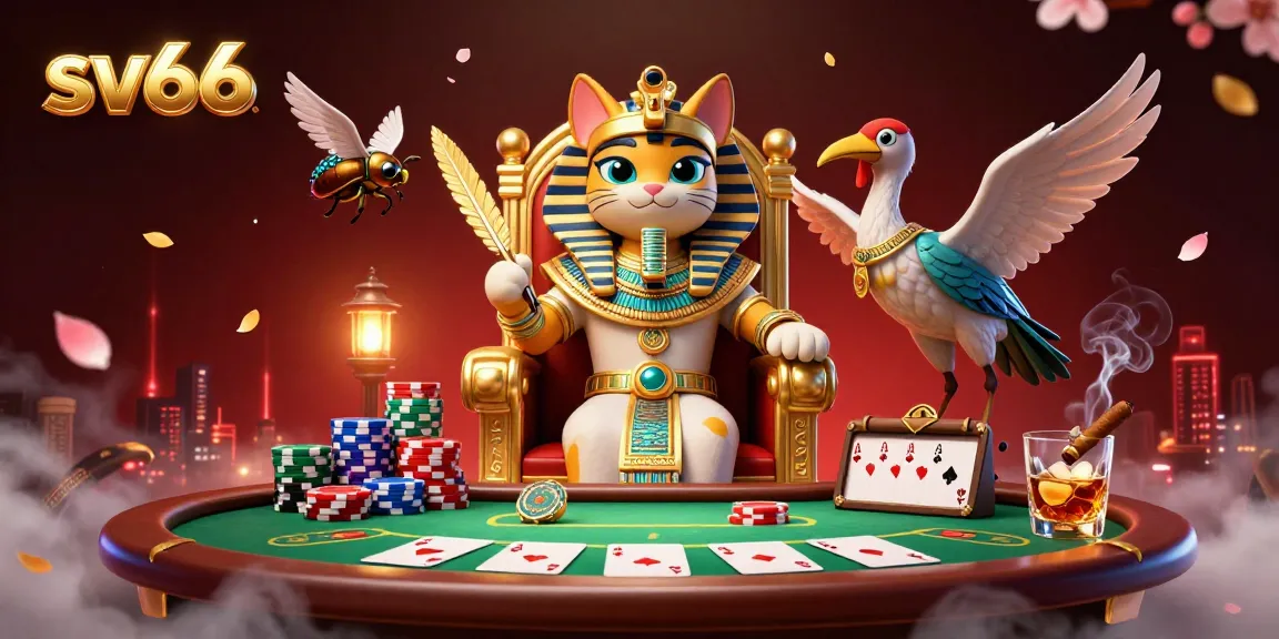 Engage in thrilling actions at sv66 with a vibrant gambling scene featuring a royal cat and poker elements.
