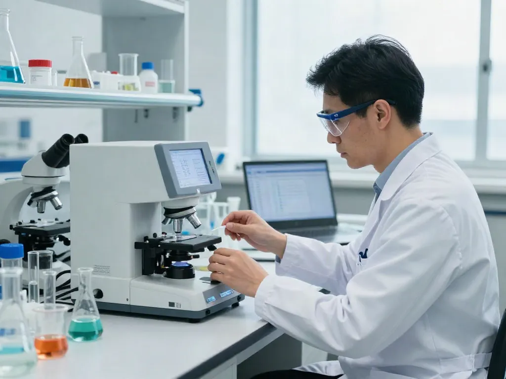 Researcher analyzing cagrilintide coa samples in a high-tech laboratory setting.