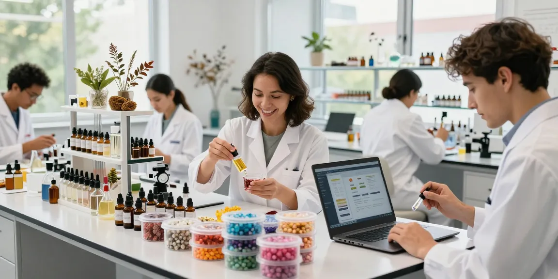 Fragrance Beads Manufacturer team collaborating in a vibrant lab, measuring oils and analyzing samples.