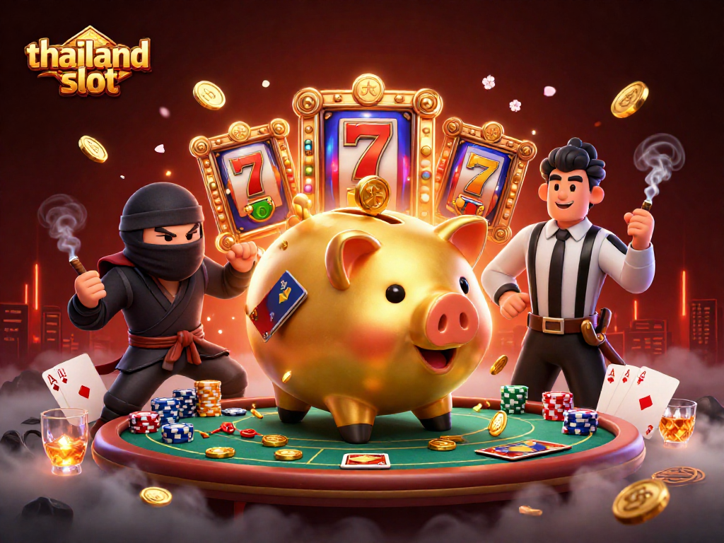 Engage with thailand slot gameplay featuring a golden piggy bank sumo wrestler, vibrant slot reels, and dynamic casino elements.