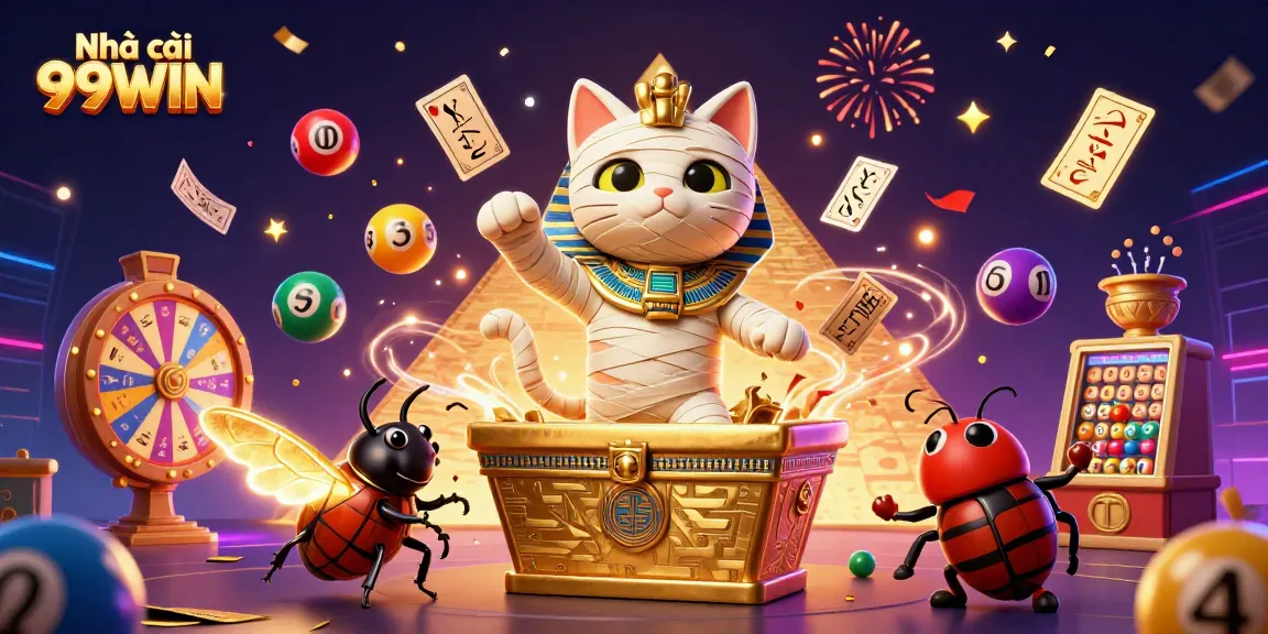 Engage with the Nhà cái 99WIN experience in a vibrant 3D casino scene showcasing colorful games and exciting elements.
