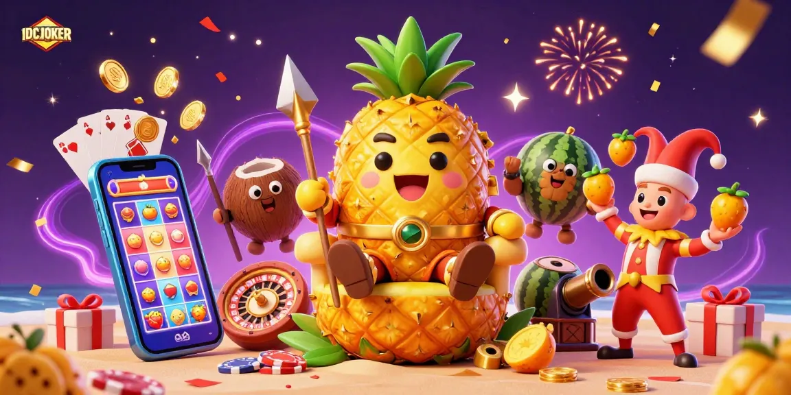 IDCJOKER players win with a vibrant casino scene featuring a pineapple king, game elements, and dynamic celebrations.
