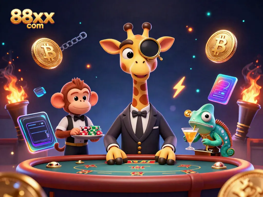 Experience the excitement of a VIP poker game at 88xx com with unique characters and vibrant gambling elements.
