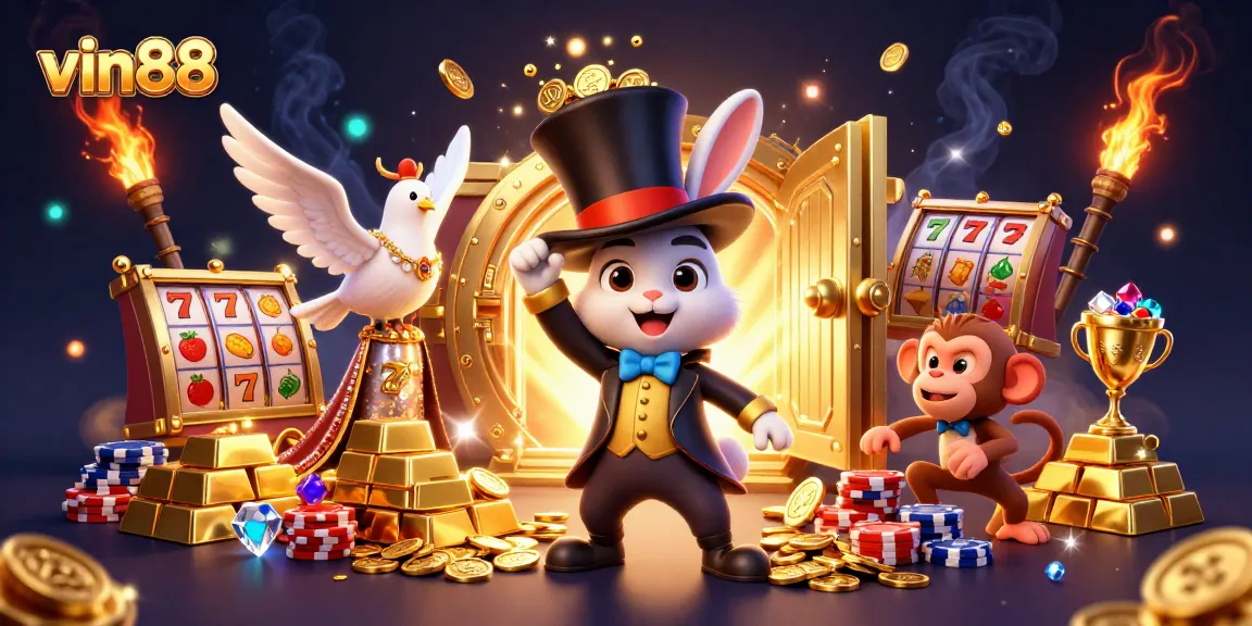 Engage with the thrilling vin88 casino scene featuring a magical rabbit and treasures.