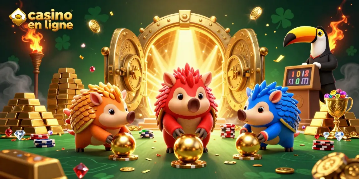 Jouer au casino en ligne avec des pangolins et des éléments dorés, ambiance festive.