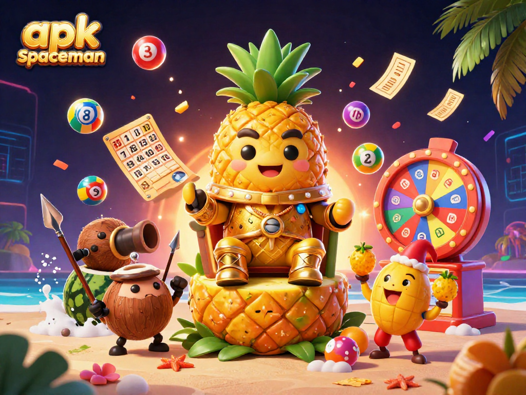 Play apk spaceman with the golden pineapple king and dynamic lottery elements in a tropical casino scene.