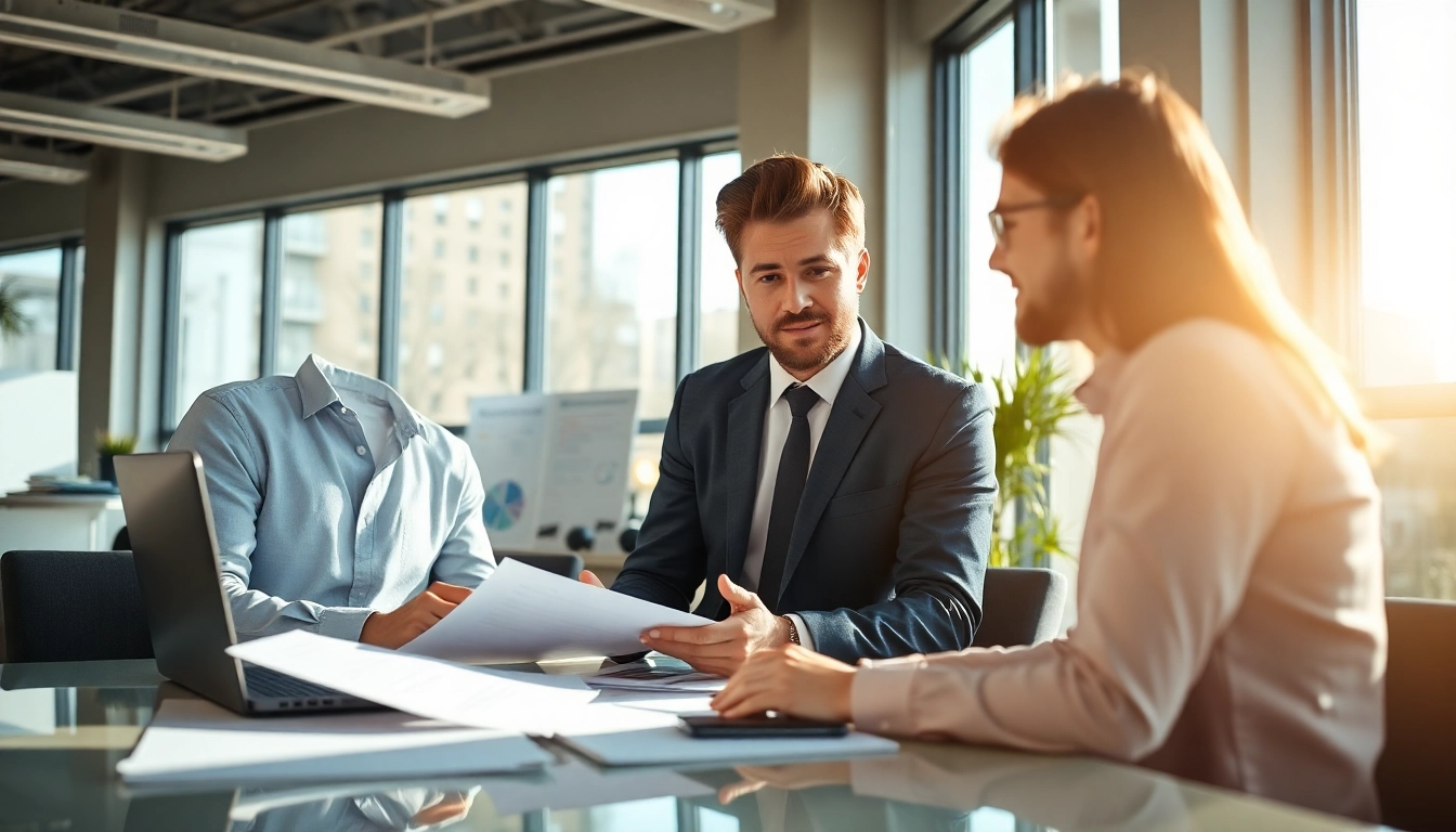 Engaging scene of a consultant discussing pre-post award compliance with a client in a bright office.