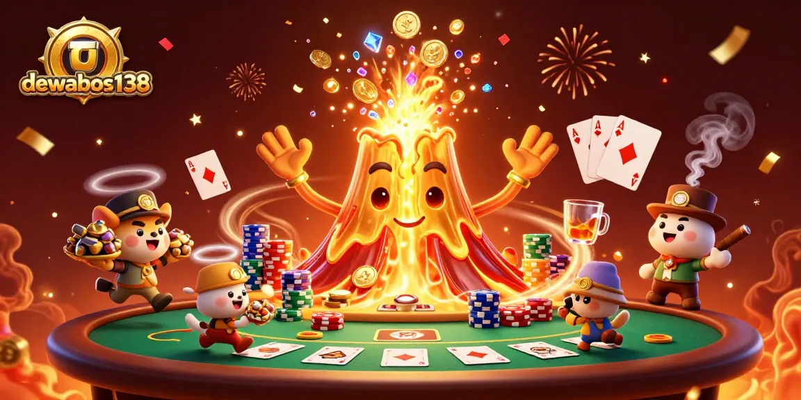 Experience the thrilling action at dewabos138 with a jubilant golden volcano erupting coins and treasure amidst a vibrant casino celebration.