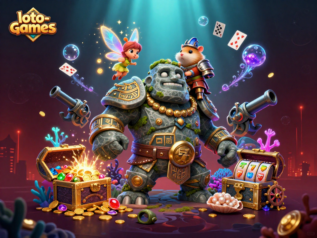 Loto-games bringing magic to life with a 3D golem, a fairy, and a hamster knight amidst vibrant casino elements.