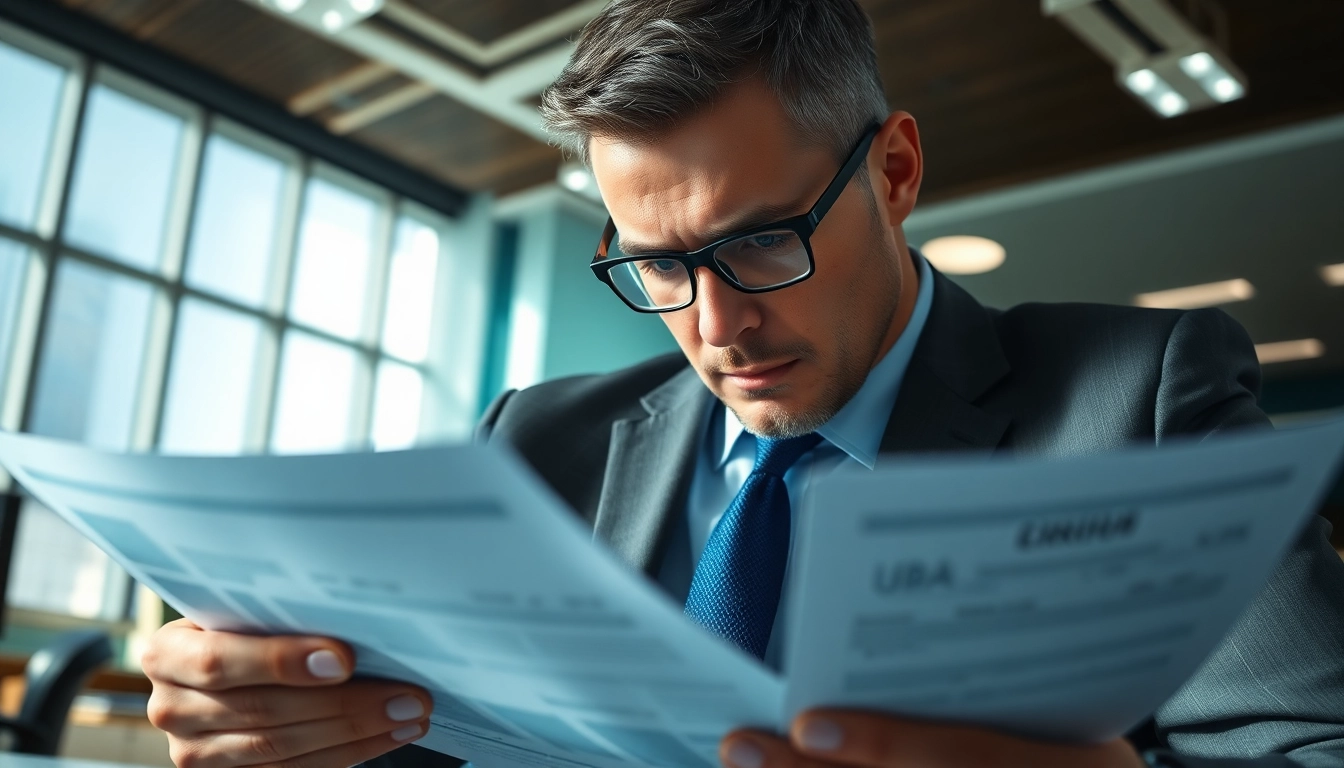 Investigating UBA fraud with detailed financial documents in a modern banking office.