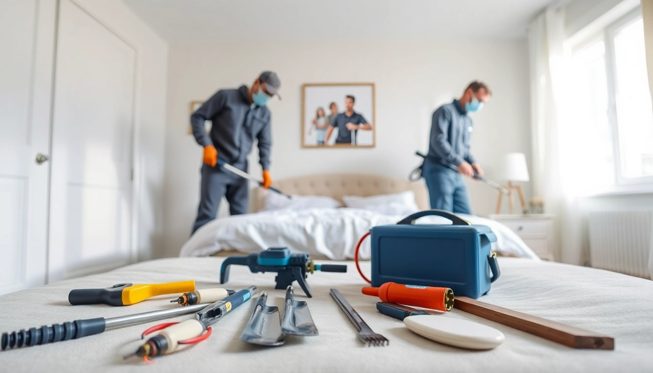 Bed bug exterminators effectively treating a residential space for bed bugs, showcasing professional tools and cleanliness.