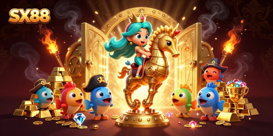 Experience thrilling wins at SX88 with a vibrant 3D casino undersea scene filled with treasures and playful characters.