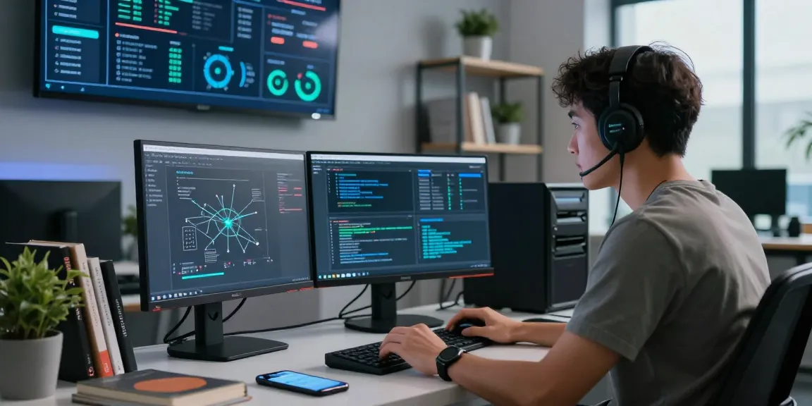 Focused professional performing a Linux server security audit in a modern tech workspace.