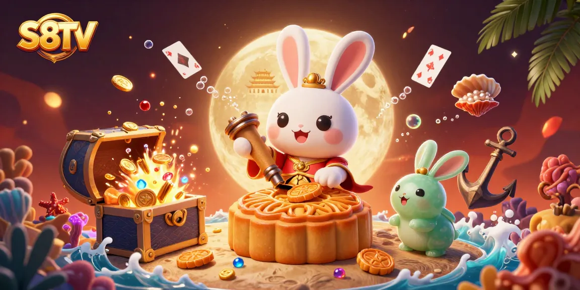 S8TV showcases a whimsical moon rabbit theme with poker chips beneath golden mooncakes, capturing dynamic gaming elements.