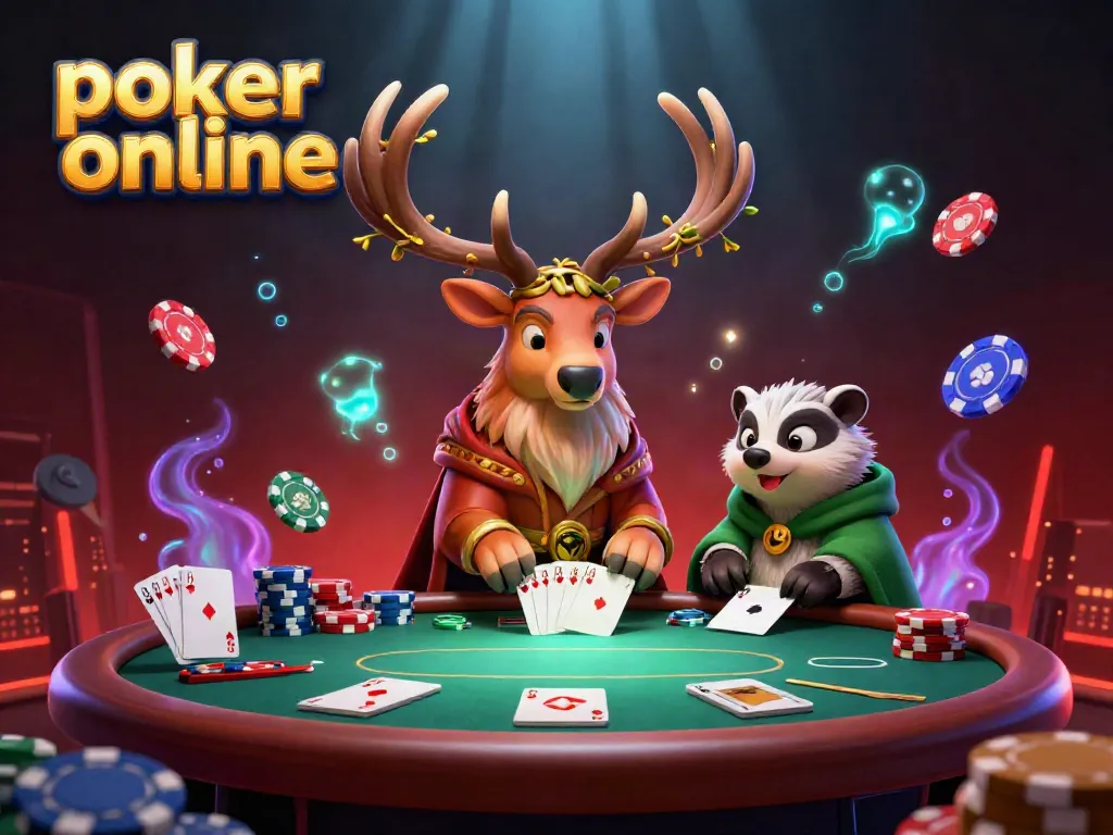 Poker online di meja dengan karakter stag Celtic dan badger yang bijaksana dalam ilustrasi kinerja 3D.