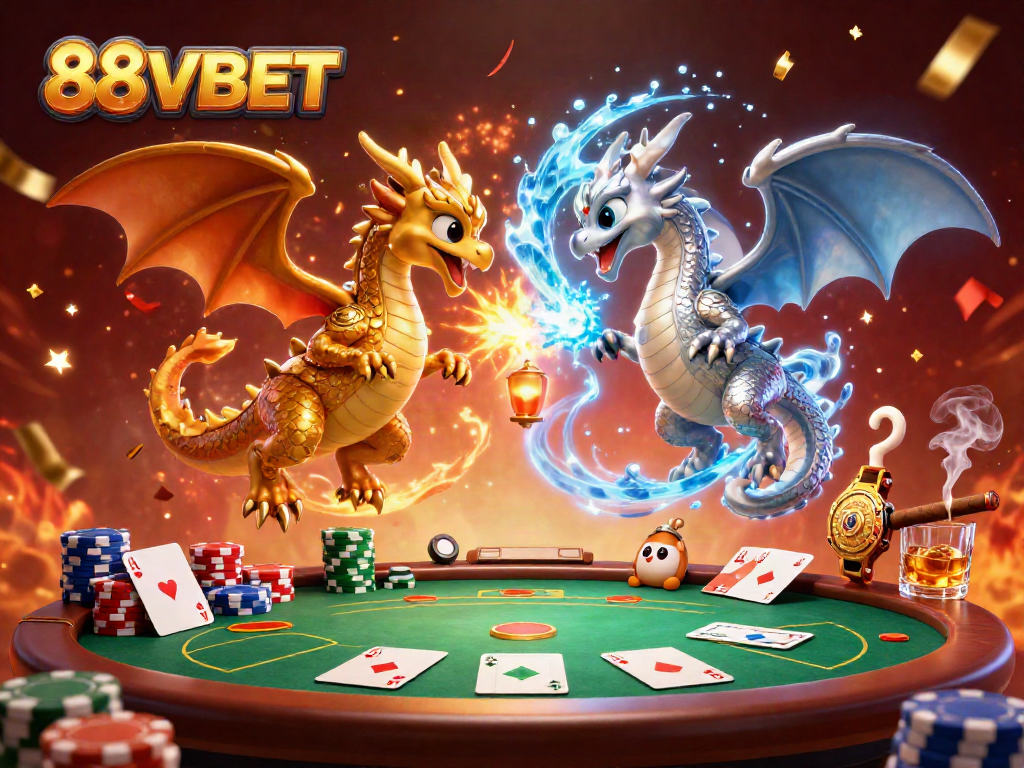 Experience the excitement of 88VBET with cartoon dragons in a vibrant casino scene.