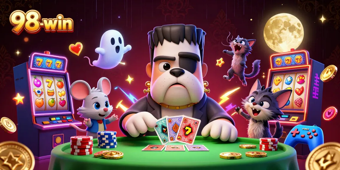 Play exciting slots with 98-win at a spooky casino featuring 3D monsters and vibrant game elements.