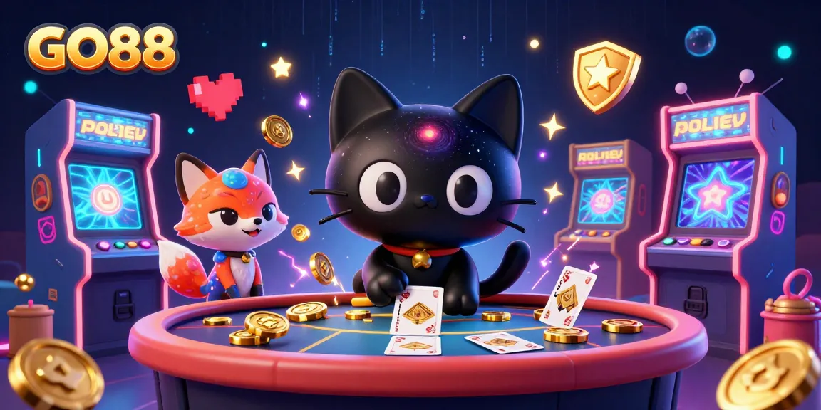 Experience GO88 with an enchanting black hole cat drawing in casino chips amidst vibrant gaming elements.
