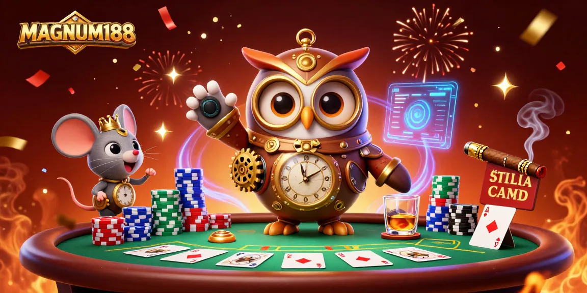 Play with MAGNUM188 in an exciting and vibrant casino scene featuring a steampunk owl and card elements.