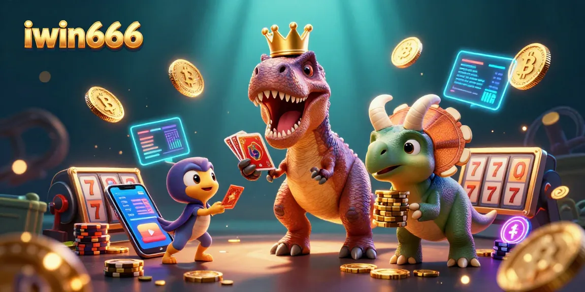 Engage in thrilling slots at iwin666 with a playful T-Rex, pterodactyl, and triceratops in a rich 3D casino scene.
