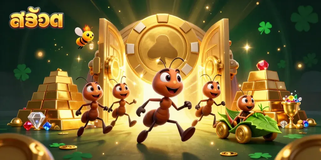 Experience the excitement of slots with adventurous ants carrying a giant poker chip, surrounded by dazzling treasures.