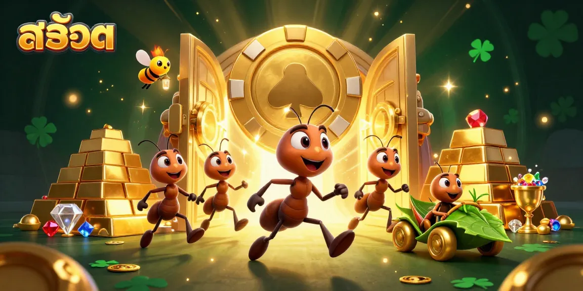 Experience the excitement of slots with adventurous ants carrying a giant poker chip, surrounded by dazzling treasures.