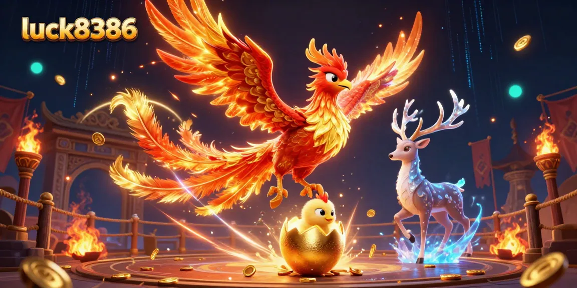 Experience excitement at luck8386 with a dazzling phoenix illustration, showcasing thrilling casino elements.