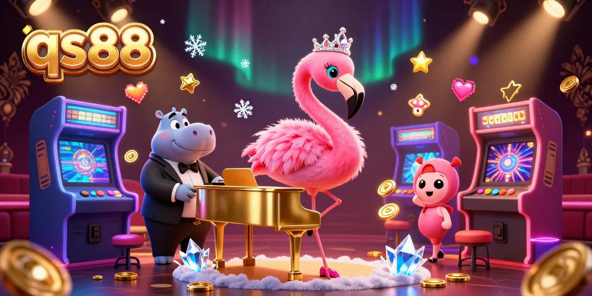 Engage with qs88's vibrant casino experience featuring dynamic characters, games, and colorful lighting.