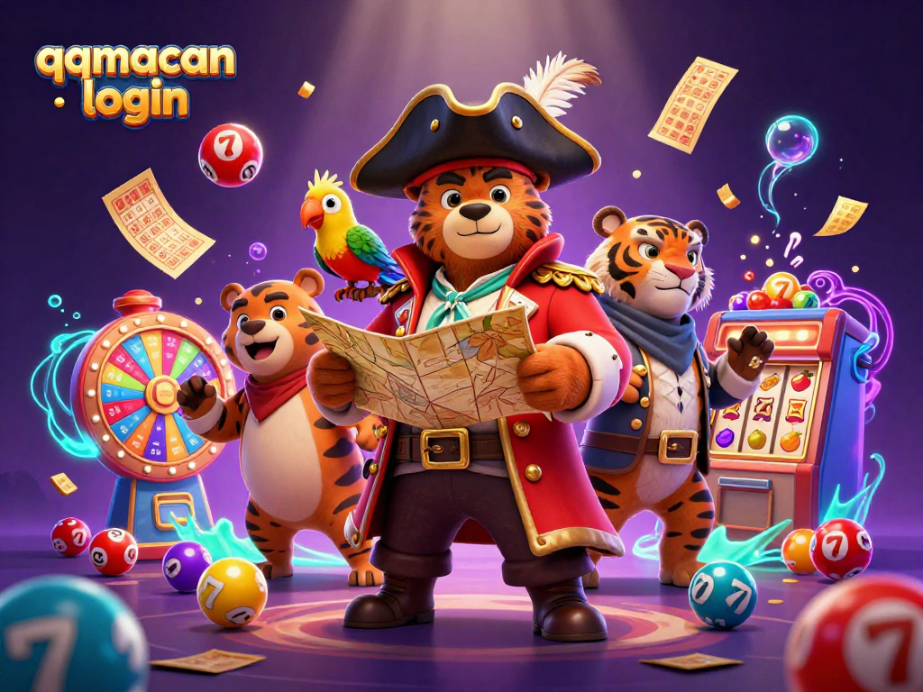 Experience the excitement of qqmacan login with a thrilling pirate scene featuring a bear captain, tiger first mate, and vibrant lottery elements.