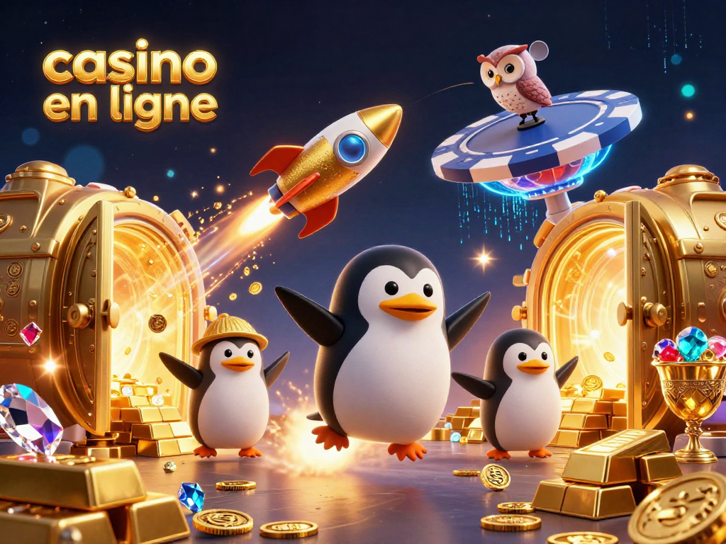 Jouez au casino en ligne avec une illustration dynamique d'un pingouin doré propulsé par une fusée, entouré de trésors étincelants.