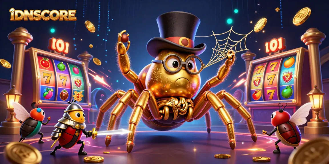 Engage with IDNSCORE as a golden tarantula entertains players amidst spinning slot reels and jackpot thrills.