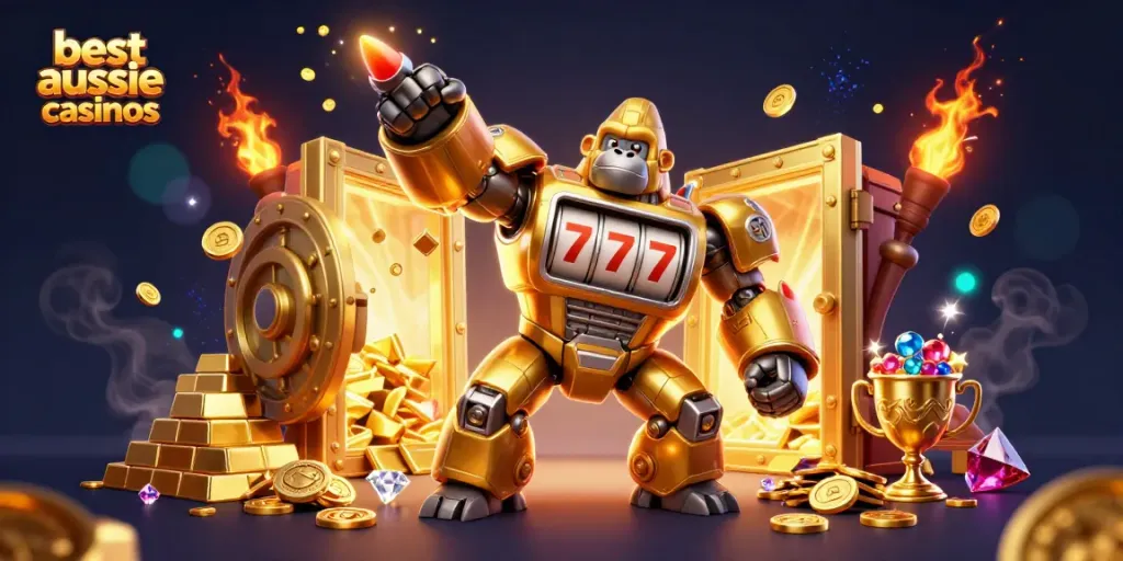 Celebrate winning at the best Aussie online casinos with a stunning 3D golden gorilla mech illustration.